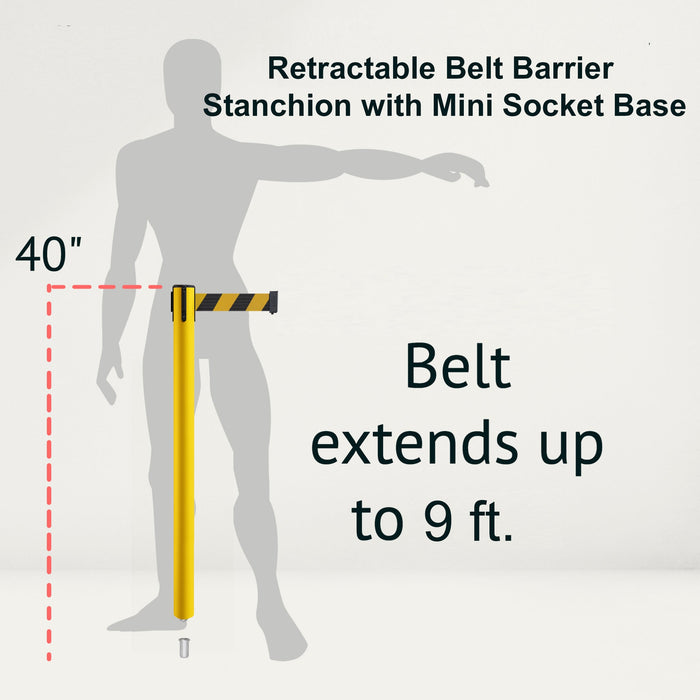 Retractable Belt Barrier Stanchion, Mini Socket Base, Yellow Post, 9 ft Belt - Montour Line MSX630SK - Crowd Control Warehouse