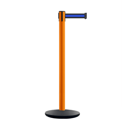 Retractable Belt Barrier Stanchion, Orange Post, Cast Iron Base, 10.5 Ft. Belt - Montour Line MI630 - Crowd Control Warehouse