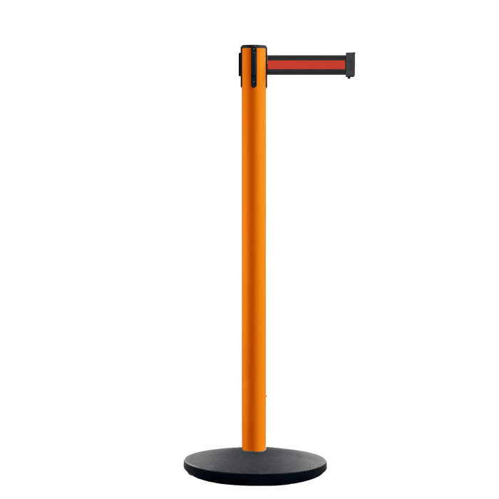 Retractable Belt Barrier Stanchion, Orange Post, Cast Iron Base, 10.5 Ft. Belt - Montour Line MI630 - Crowd Control Warehouse