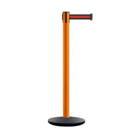 Retractable Belt Barrier Stanchion, Orange Post, Cast Iron Base, 10.5 Ft. Belt - Montour Line MI630 - Crowd Control Warehouse