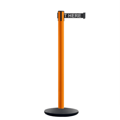 Retractable Belt Barrier Stanchion, Orange Post, Cast Iron Base, 10.5 Ft. Belt - Montour Line MI630 - Crowd Control Warehouse
