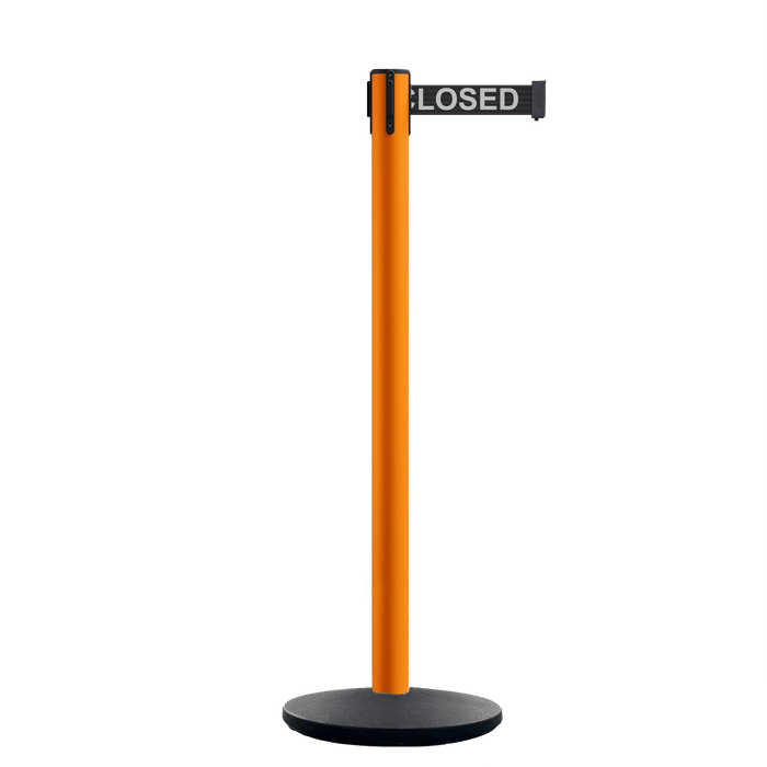 Retractable Belt Barrier Stanchion, Orange Post, Cast Iron Base, 10.5 Ft. Belt - Montour Line MI630 - Crowd Control Warehouse