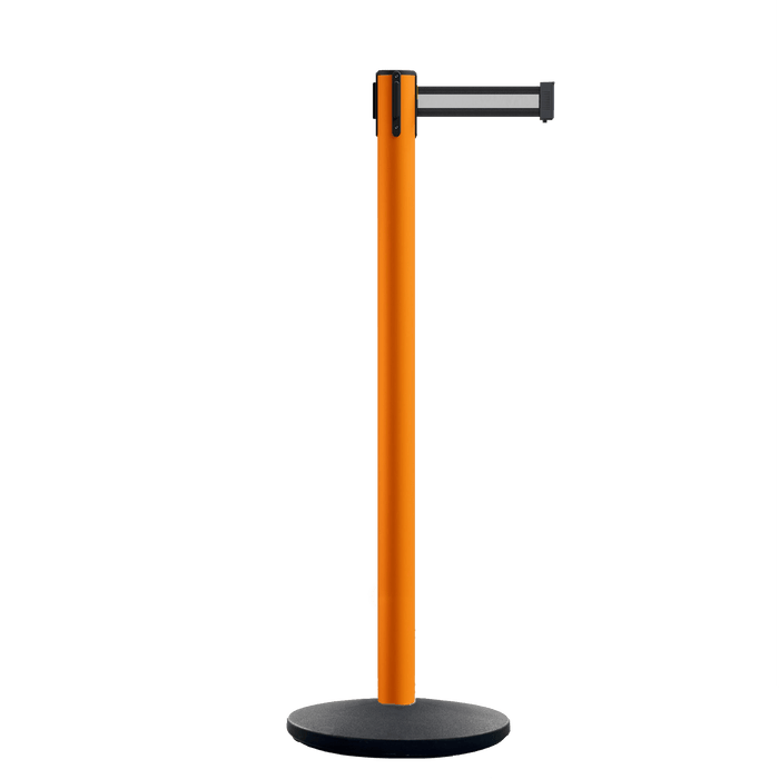 Retractable Belt Barrier Stanchion, Orange Post, Cast Iron Base, 11 Ft. Belt - Montour Line MSI630 - Crowd Control Warehouse