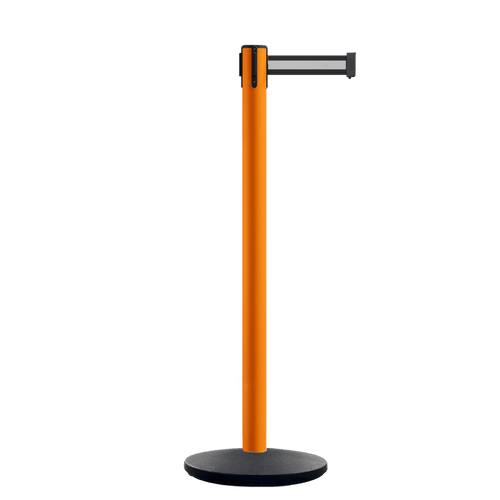 Retractable Belt Barrier Stanchion, Orange Post, Cast Iron Base, 11 Ft. Belt - Montour Line MSI630 - Crowd Control Warehouse