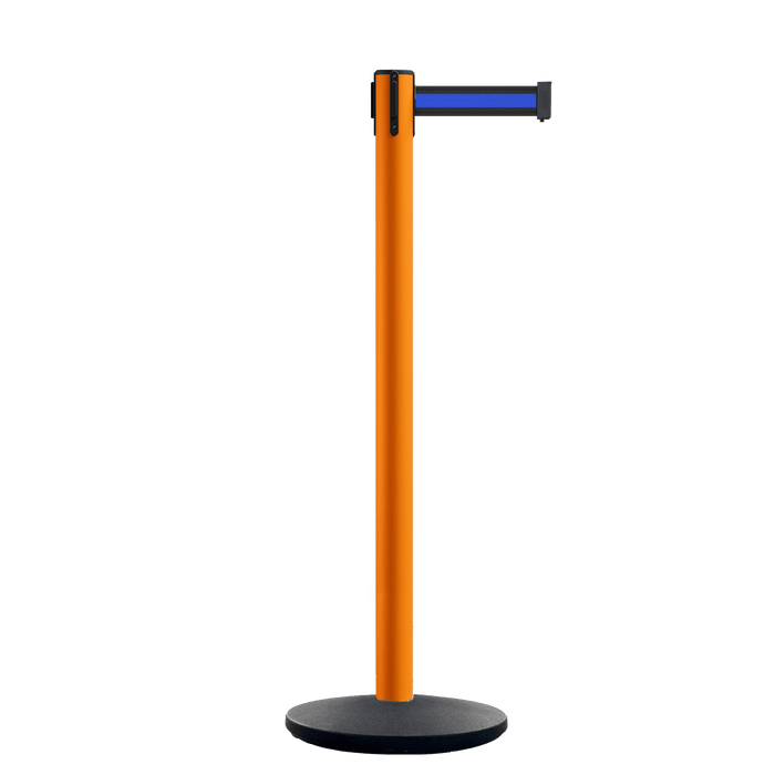 Retractable Belt Barrier Stanchion, Orange Post, Cast Iron Base, 11 Ft. Belt - Montour Line MSI630 - Crowd Control Warehouse