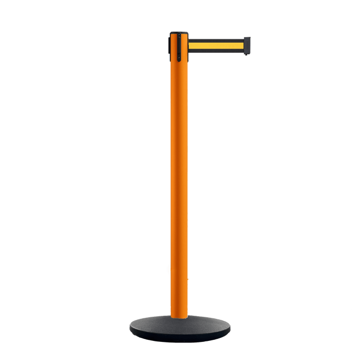 Retractable Belt Barrier Stanchion, Orange Post, Cast Iron Base, 11 Ft. Belt - Montour Line MSI630 - Crowd Control Warehouse