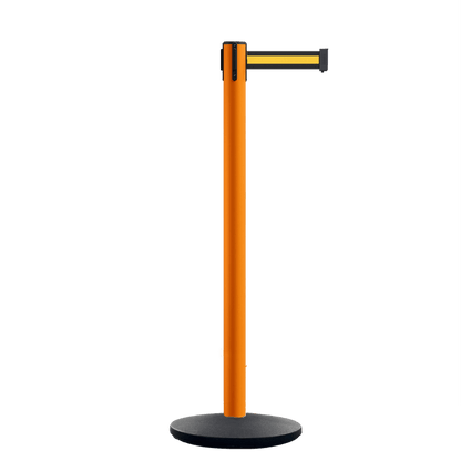 Retractable Belt Barrier Stanchion, Orange Post, Cast Iron Base, 11 Ft. Belt - Montour Line MSI630 - Crowd Control Warehouse