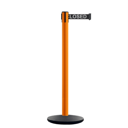 Retractable Belt Barrier Stanchion, Orange Post, Cast Iron Base, 11 Ft. Belt - Montour Line MSI630 - Crowd Control Warehouse