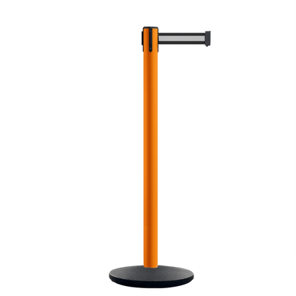 Retractable Belt Barrier Stanchion, Orange Post, Cast Iron Base, 7.5 Ft. Belt - Montour Line MI630 - Crowd Control Warehouse