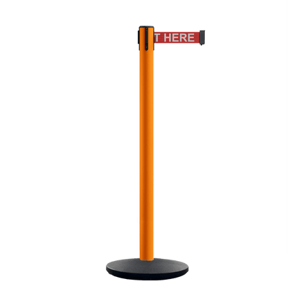 Retractable Belt Barrier Stanchion, Orange Post, Cast Iron Base, 7.5 Ft. Belt - Montour Line MI630 - Crowd Control Warehouse