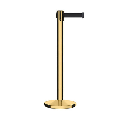 Retractable Belt Barrier Stanchion, Polished Brass Post, Cast Iron Base, 7.5 - 13 Ft. Belt - Montour Line MI630 - Crowd Control Warehouse