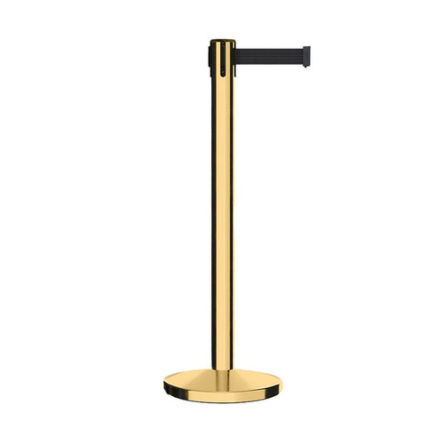 Retractable Belt Barrier Stanchion, Polished Brass Post, Cast Iron Base, 7.5 - 13 Ft. Belt - Montour Line MI630 - Crowd Control Warehouse