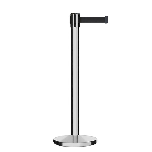 Retractable Belt Barrier Stanchion, Polished Stainless Steel Post, Cast Iron Base, 7.5 Ft. Belt - Montour Line MI630 - Crowd Control Warehouse