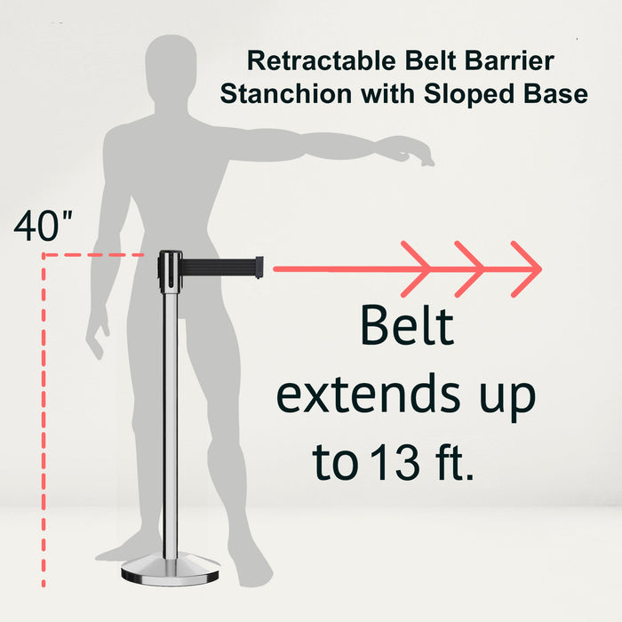 Retractable Belt Barrier Stanchion, Sloped Base, Polished Stainless Steel Post, 13 ft Belt - Montour Line M530 - Crowd Control Warehouse