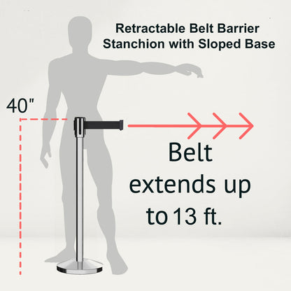 Retractable Belt Barrier Stanchion, Sloped Base, Polished Stainless Steel Post, 13 ft Belt - Montour Line M530 - Crowd Control Warehouse