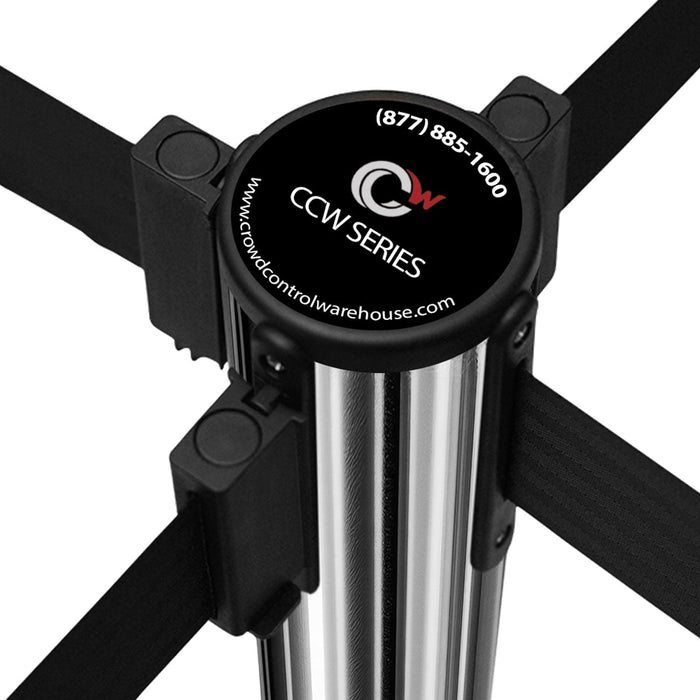 Retractable Belt Barrier Stanchion, Polished Stainless Steel Post, Cast Iron Base, 7.5 - 13 Ft. Belt - Montour Line MI630 - Crowd Control Warehouse