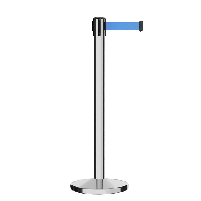 Retractable Belt Barrier Stanchion, Polished Stainless Steel Post, Cast Iron Base, 7.5 Ft. Belt - Montour Line MI630 - Crowd Control Warehouse