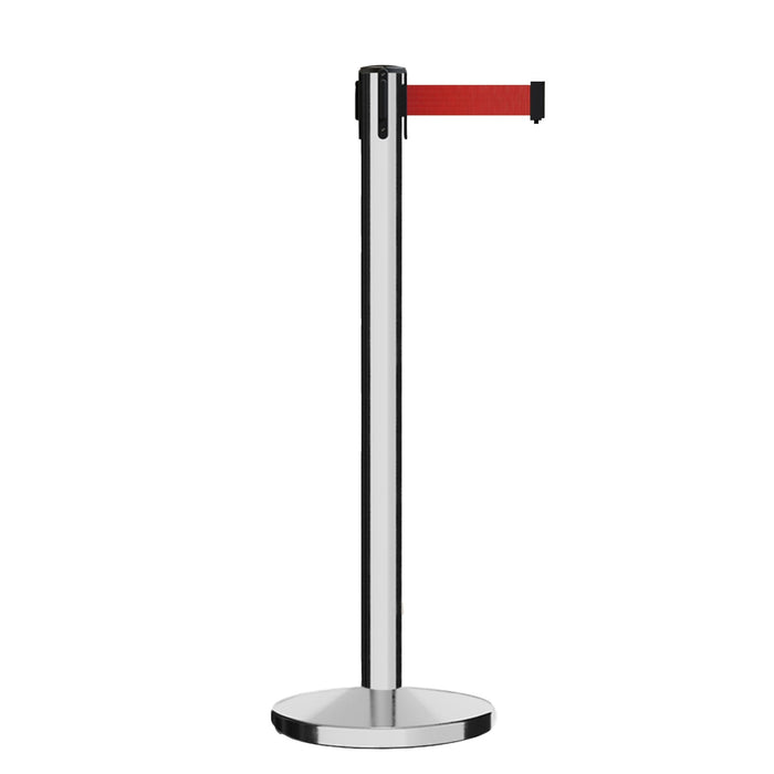 Retractable Belt Barrier Stanchion, Polished Stainless Steel Post, Cast Iron Base, 7.5 Ft. Belt - Montour Line MI630 - Crowd Control Warehouse