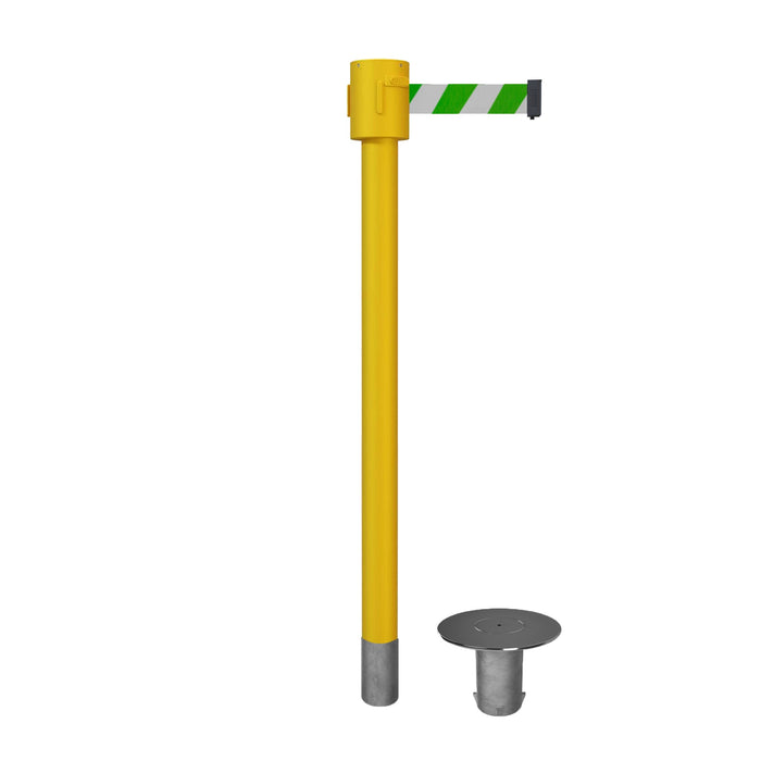 Retractable Belt Barrier Stanchion, Removable Base, Yellow Post, 35 ft Belt - Montour Line MSX760R - Crowd Control Warehouse