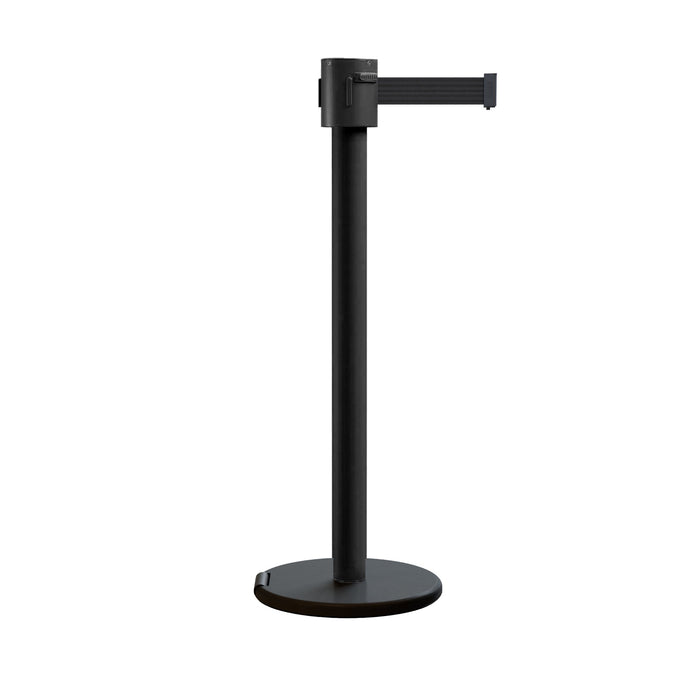 Retractable Belt Barrier Stanchion, Roller Base, Black Powder Coated Post, 35 ft Belt - Montour Line ME760 - Crowd Control Warehouse