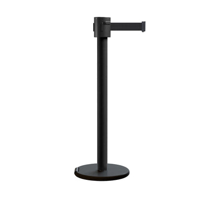 Retractable Belt Barrier Stanchion, Roller Base, Black Powder Coated Post, 35 ft Belt - Montour Line ME760 - Crowd Control Warehouse