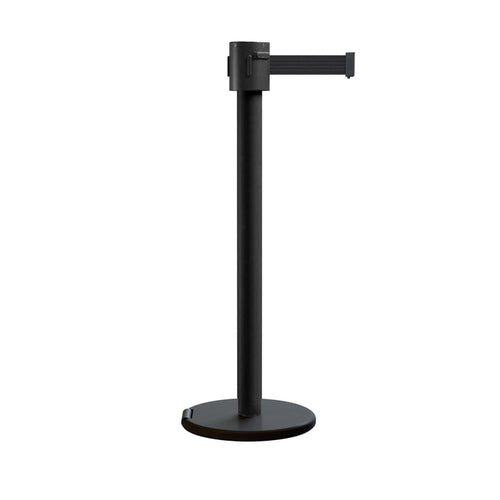 Retractable Belt Barrier Stanchion, Roller Base, Black Powder Coated Post, 35 ft Belt - Montour Line ME760 - Crowd Control Warehouse