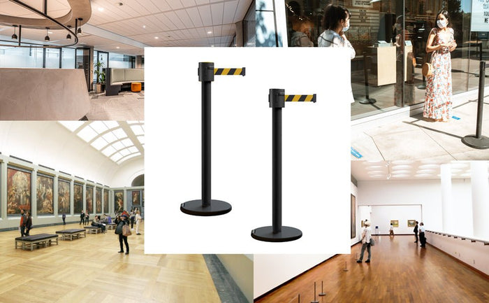 Retractable Belt Barrier Stanchion, Roller Base, Black Powder Coated Post, 35 ft Belt - Montour Line ME760 - Crowd Control Warehouse