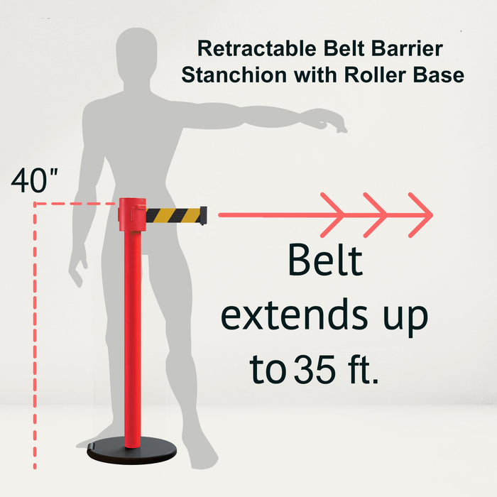 Retractable Belt Barrier Stanchion, Roller Base, Red Post, 35 ft Belt - Montour Line MSE760 - Crowd Control Warehouse