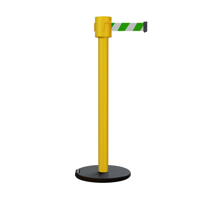Retractable Belt Barrier Stanchion, Roller Base, Yellow Post, 35 ft Belt - Montour Line MSE760 - Crowd Control Warehouse