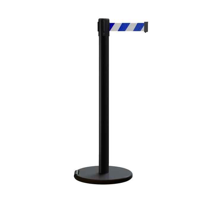Retractable Belt Barrier Stanchion, Rolling Base, Black Steel Post, 11 ft Belt - Montour Line ME630 - Crowd Control Warehouse