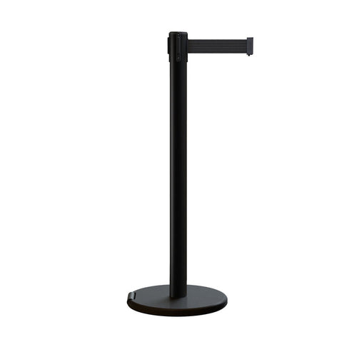 Retractable Belt Barrier Stanchion, Rolling Base, Black Steel Post, 9 ft Belt - Montour Line ME630 - Crowd Control Warehouse
