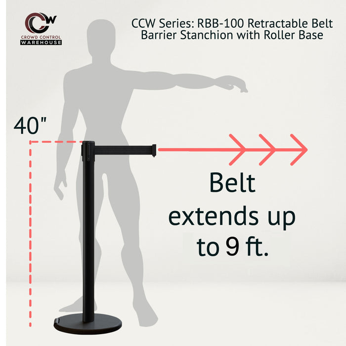 Retractable Belt Barrier Stanchion, Rolling Base, Black Steel Post, 9 ft Belt - Montour Line ME630 - Crowd Control Warehouse