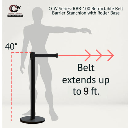 Retractable Belt Barrier Stanchion, Rolling Base, Black Steel Post, 9 ft Belt - Montour Line ME630 - Crowd Control Warehouse