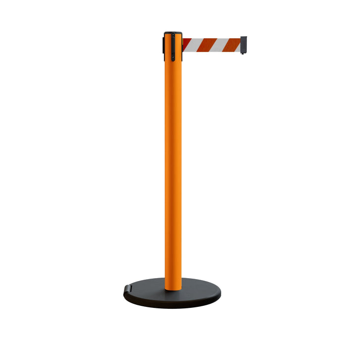 Retractable Belt Barrier Stanchion, Rolling Base, Orange Steel Post, 11 ft Belt - Montour Line MSE630 - Crowd Control Warehouse