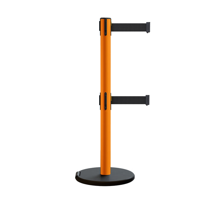 Retractable Belt Barrier Stanchion, Rolling Base, Orange Steel Post, 11 ft Dual Belt - Montour Line MSE630D - Crowd Control Warehouse