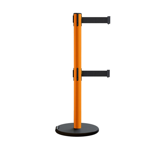Retractable Belt Barrier Stanchion, Rolling Base, Orange Steel Post, 11 ft Dual Belt - Montour Line MSE630D - Crowd Control Warehouse