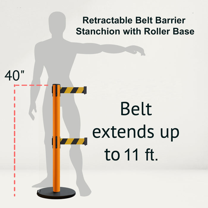 Retractable Belt Barrier Stanchion, Rolling Base, Orange Steel Post, 11 ft Dual Belt - Montour Line MSE630D - Crowd Control Warehouse