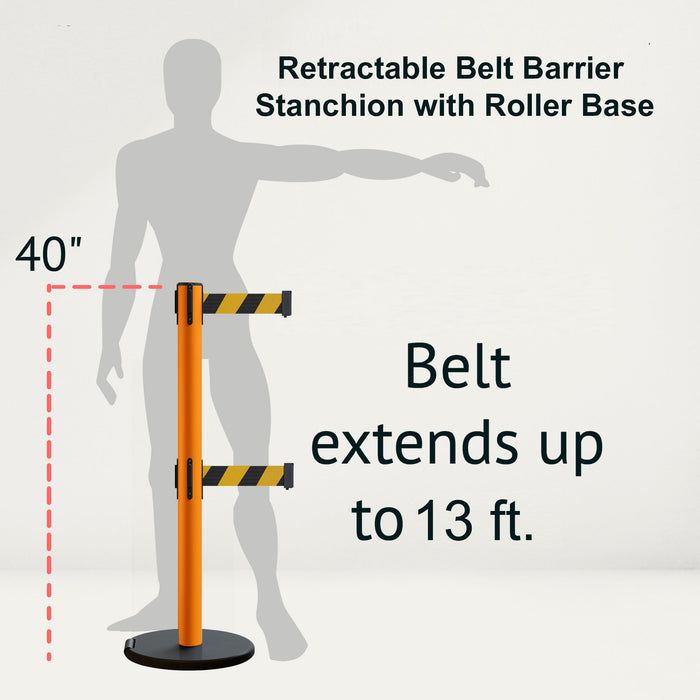 Retractable Belt Barrier Stanchion, Rolling Base, Orange Steel Post, 13 ft Dual Belt - Montour Line MSE630D - Crowd Control Warehouse