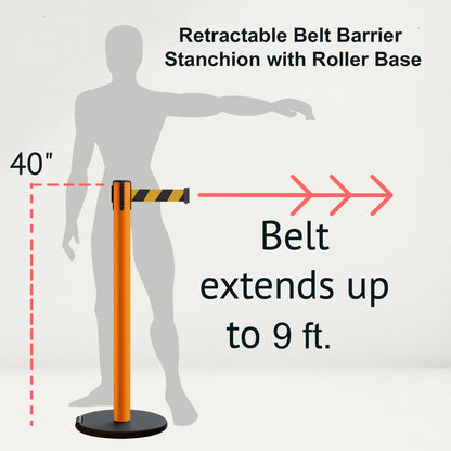 Retractable Belt Barrier Stanchion, Rolling Base, Orange Steel Post, 9 ft Belt - Montour Line MSE630 - Crowd Control Warehouse