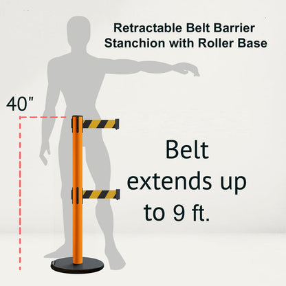 Retractable Belt Barrier Stanchion, Rolling Base, Orange Steel Post, 9 ft Dual Belt - Montour Line MSE630D - Crowd Control Warehouse