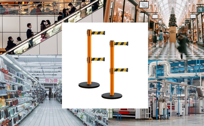 Retractable Belt Barrier Stanchion, Rolling Base, Orange Steel Post, 9 ft Dual Belt - Montour Line MSE630D - Crowd Control Warehouse