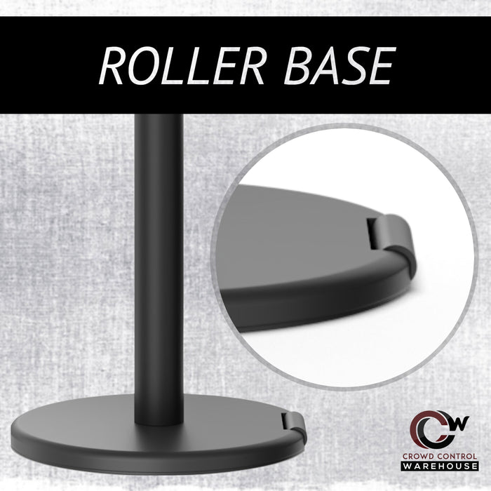 Retractable Belt Barrier Stanchion, Rolling Base, Orange Steel Post, 9 ft Dual Belt - Montour Line MSE630D - Crowd Control Warehouse