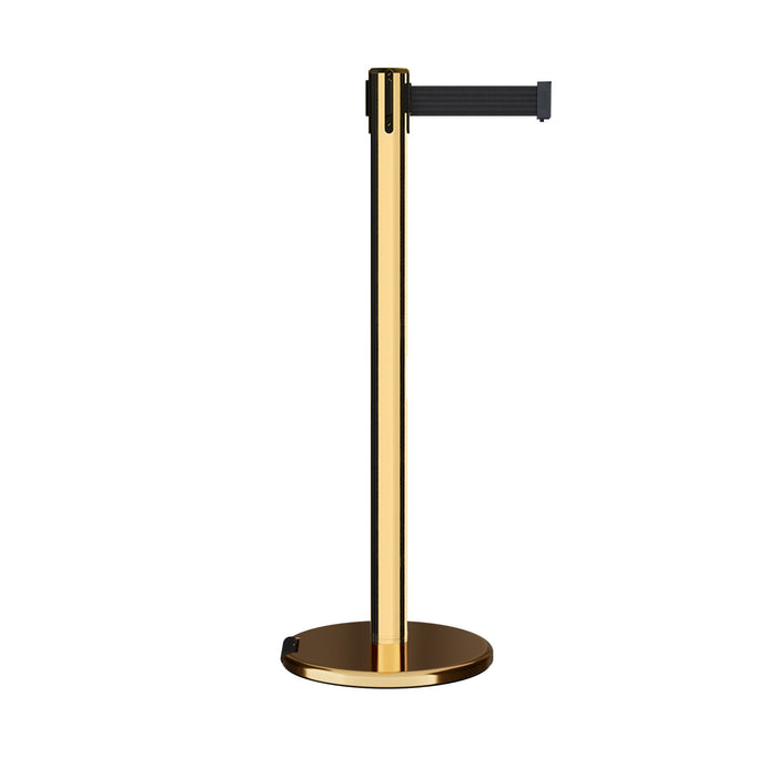 Retractable Belt Barrier Stanchion, Rolling Base, Polished Brass Post, 7.5 ft Belt - Montour Line ME630 - Crowd Control Warehouse