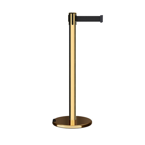 Retractable Belt Barrier Stanchion, Rolling Base, Polished Brass Post, 7.5 ft Belt - Montour Line ME630 - Crowd Control Warehouse