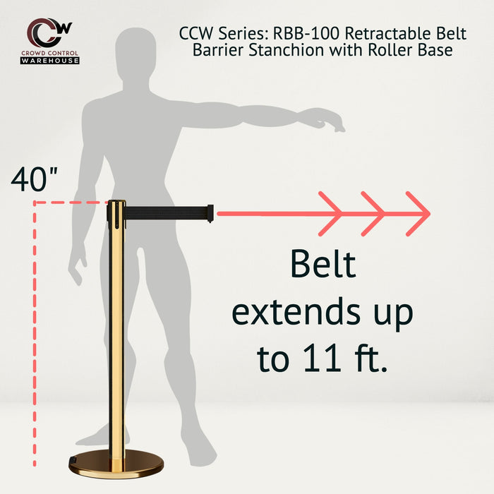 Retractable Belt Barrier Stanchion, Rolling Base, Polished Brass Post, 11 ft Belt - Montour Line ME630 - Crowd Control Warehouse