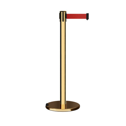 Retractable Belt Barrier Stanchion, Rolling Base, Polished Brass Post, 7.5 ft Belt - Montour Line ME630 - Crowd Control Warehouse