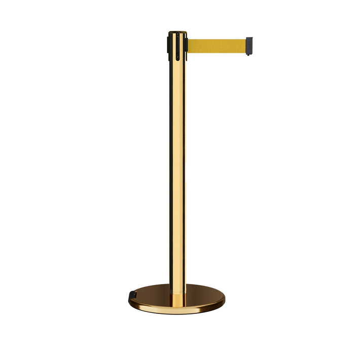 Retractable Belt Barrier Stanchion, Rolling Base, Polished Brass Post, 7.5 ft Belt - Montour Line ME630 - Crowd Control Warehouse