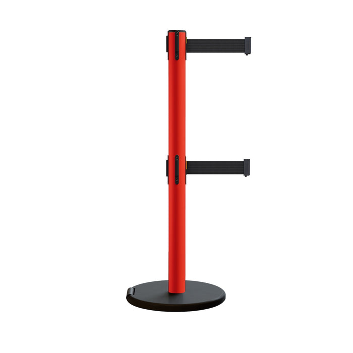 Retractable Belt Barrier Stanchion, Rolling Base, Red Steel Post, 11 ft Dual Belt - Montour Line MSE630D - Crowd Control Warehouse
