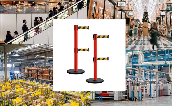 Retractable Belt Barrier Stanchion, Rolling Base, Red Steel Post, 11 ft Dual Belt - Montour Line MSE630D - Crowd Control Warehouse