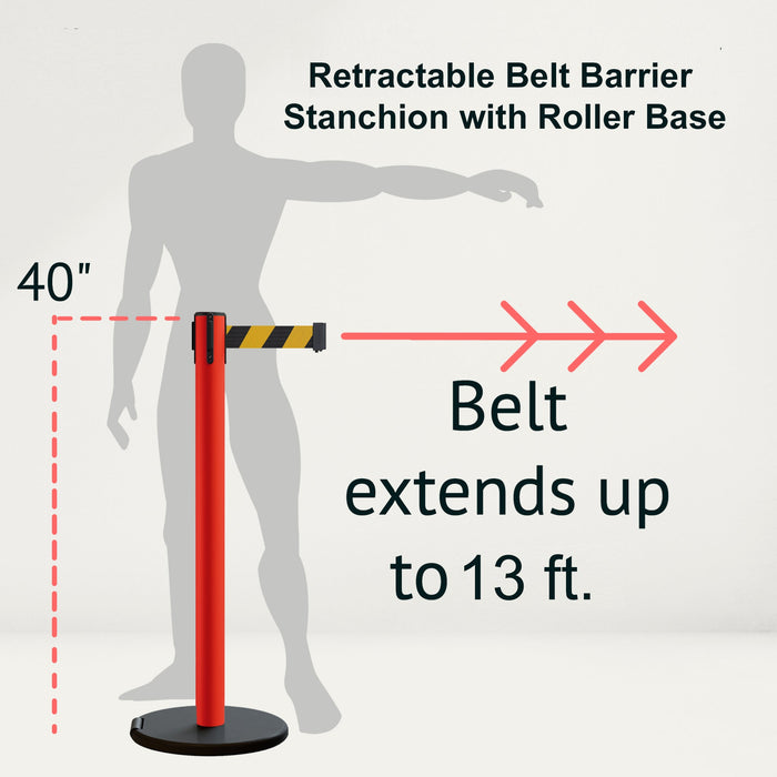 Retractable Belt Barrier Stanchion, Rolling Base, Red Steel Post, 13 ft Belt - Montour Line MSE630 - Crowd Control Warehouse